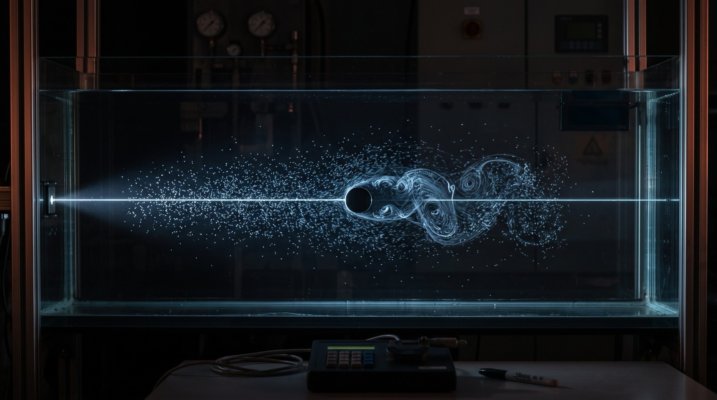 A laser sheet lighting particles in a water tank as the flow forms vortices behind a cylinder
