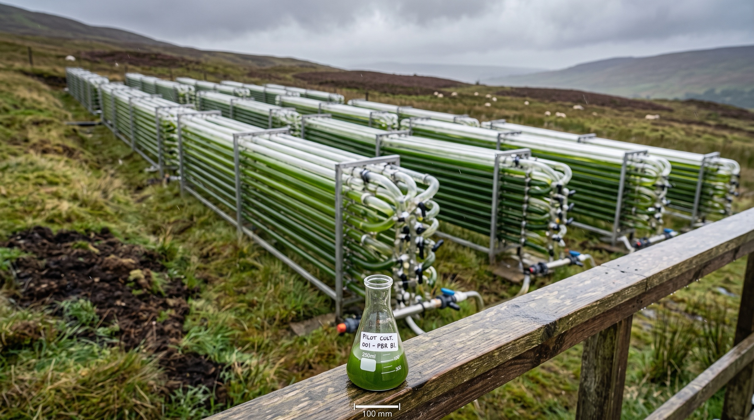 Rows of algae photobioreactor tubes on a Scottish hillside, with a lab flask of the same culture in the foreground
