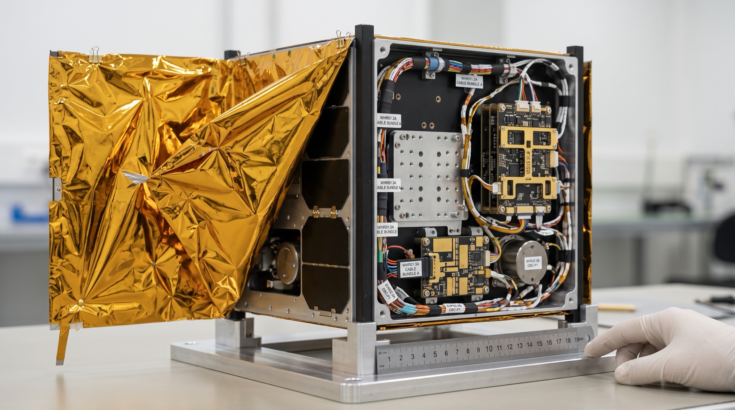 A small satellite on a cleanroom stand with its gold insulation foil folded back to show the electronics inside