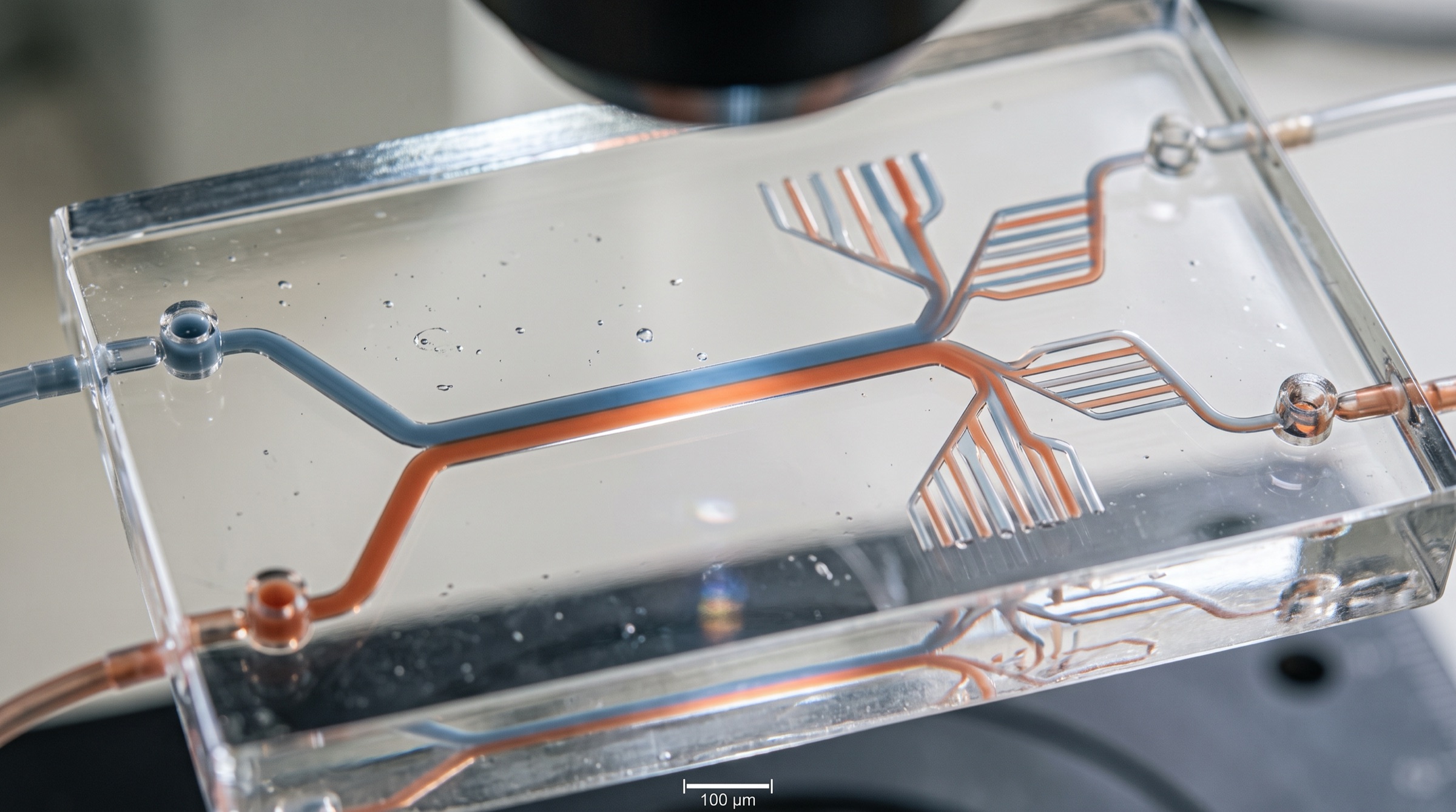 A glass microfluidic chip with blue and terracotta fluids flowing side by side through fine channels