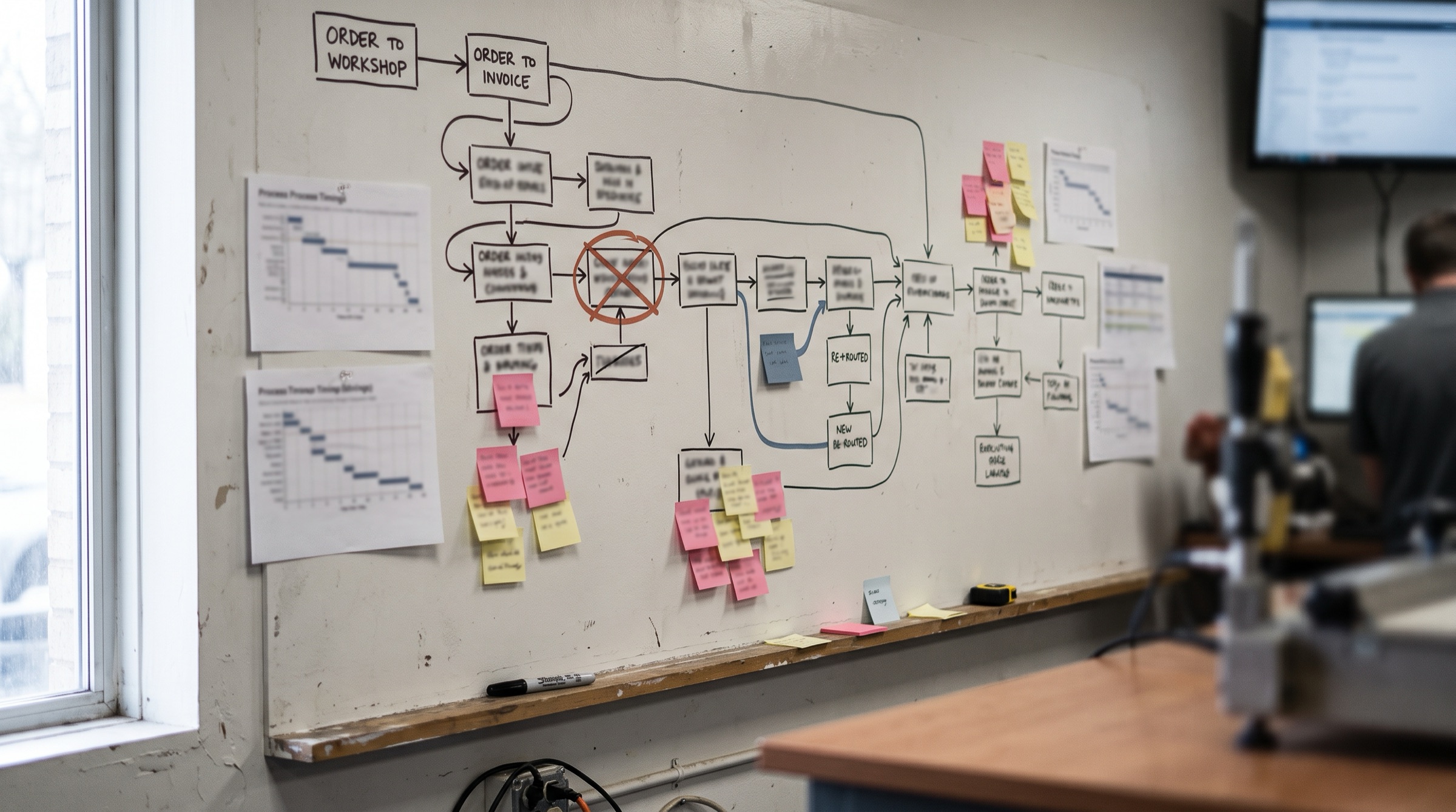 A workshop wall covered in a hand-drawn process map, sticky notes and printed charts